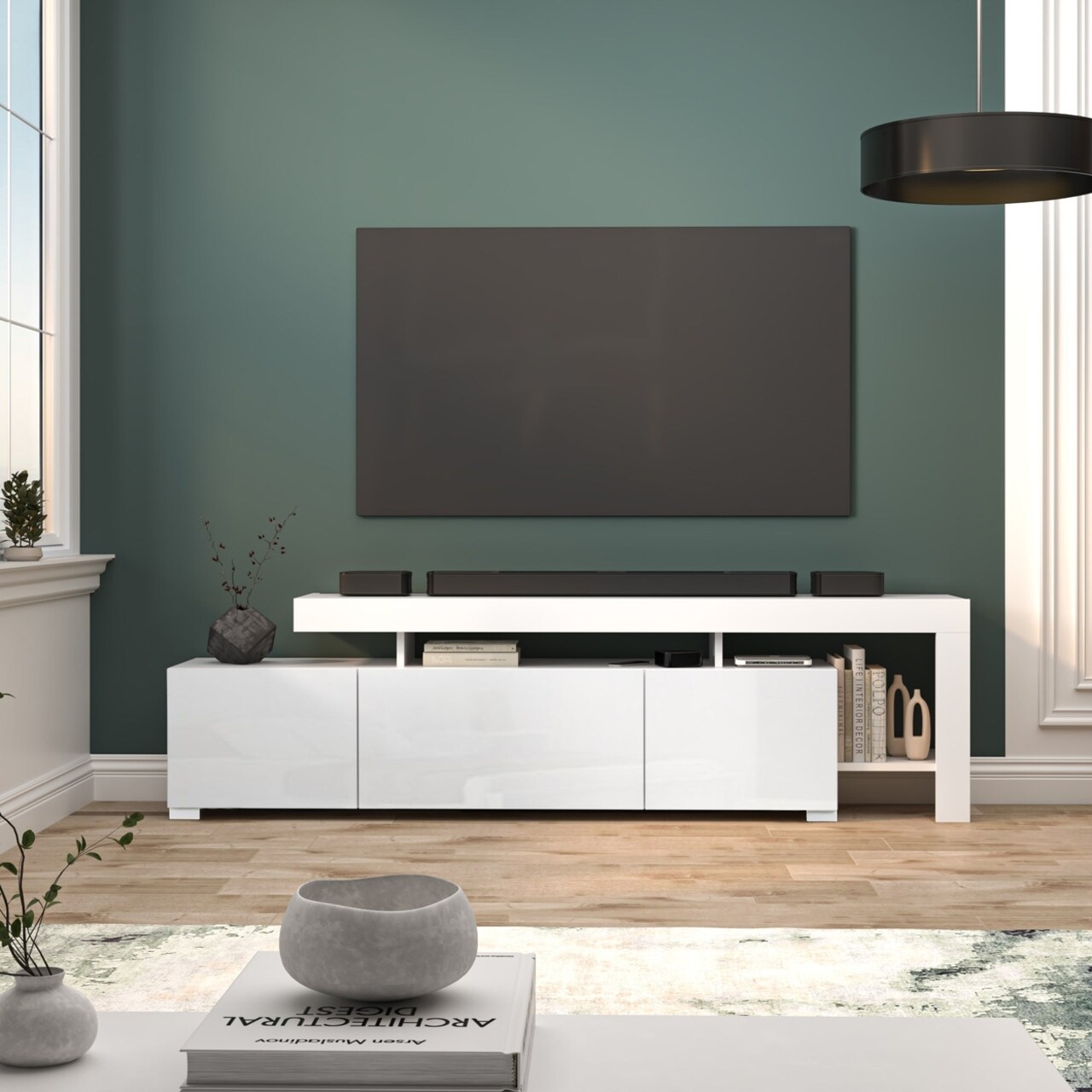 Atelier Mobili Entertainment Center, White TV Stand for Living Room, Entertainment Center with Storage, Perfect as TV